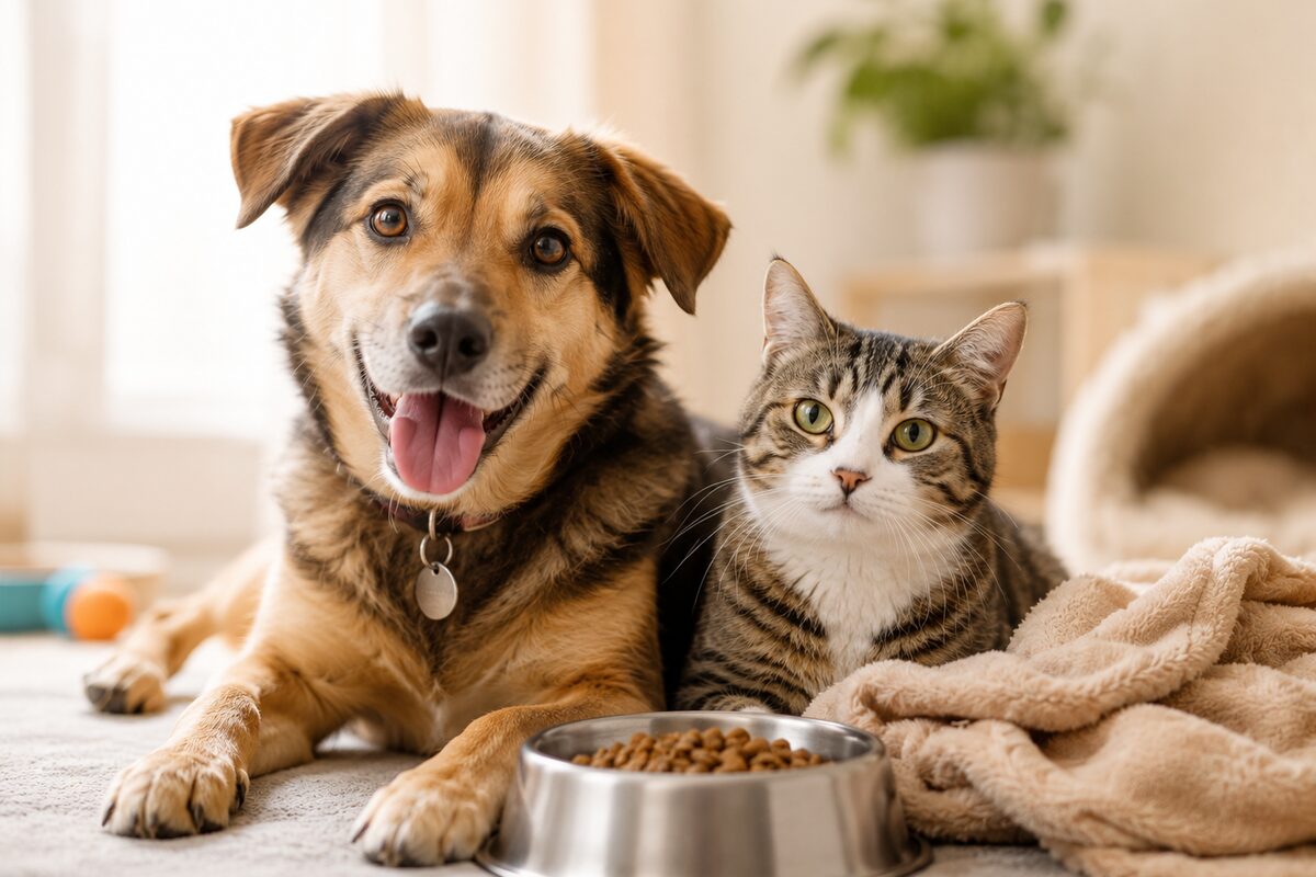 A rescued dog and cat resting together beside a bowl of food and a cozy blanket